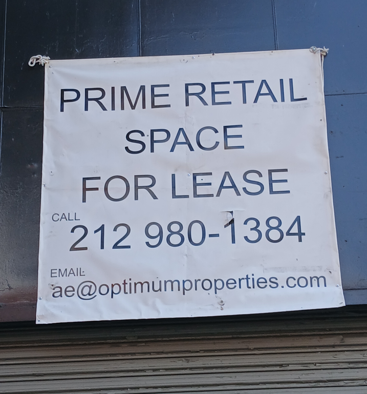 Prime Retail Space for Lease – Call 212‑980‑1384 – Email :   ae@optimumproperties.com.