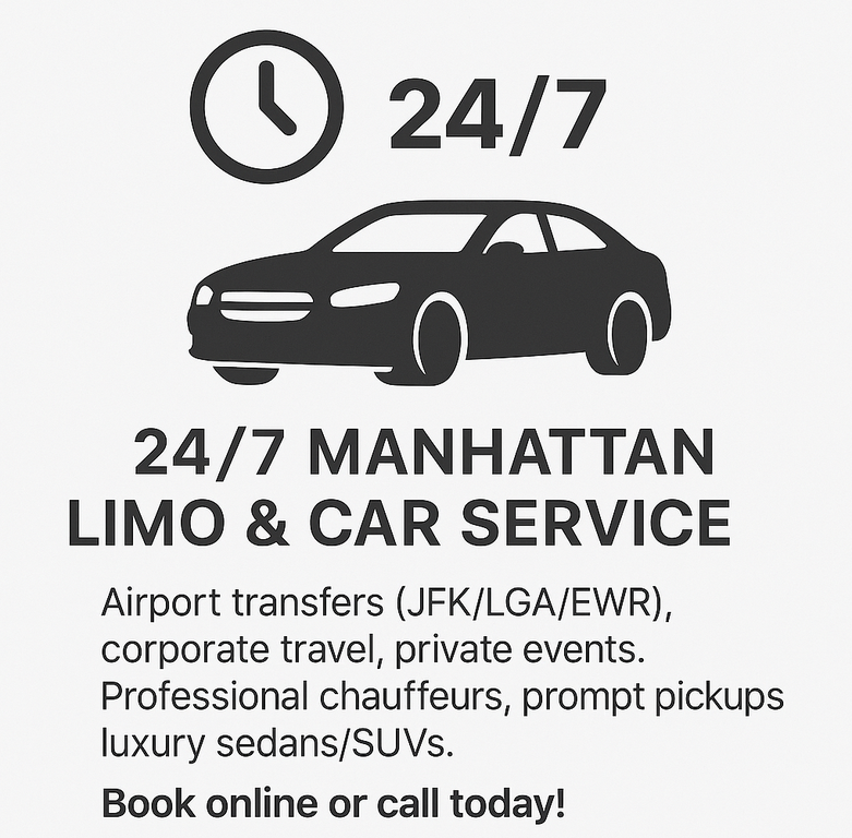 24/7 Manhattan limo & car service—airport transfers (JFK/LGA/EWR), corporate travel, private events. Professional chauffeurs, prompt pickups, luxury sedans/SUVs. Book online or call today! info@manhattancarservices.com, (212) 931‑1227.